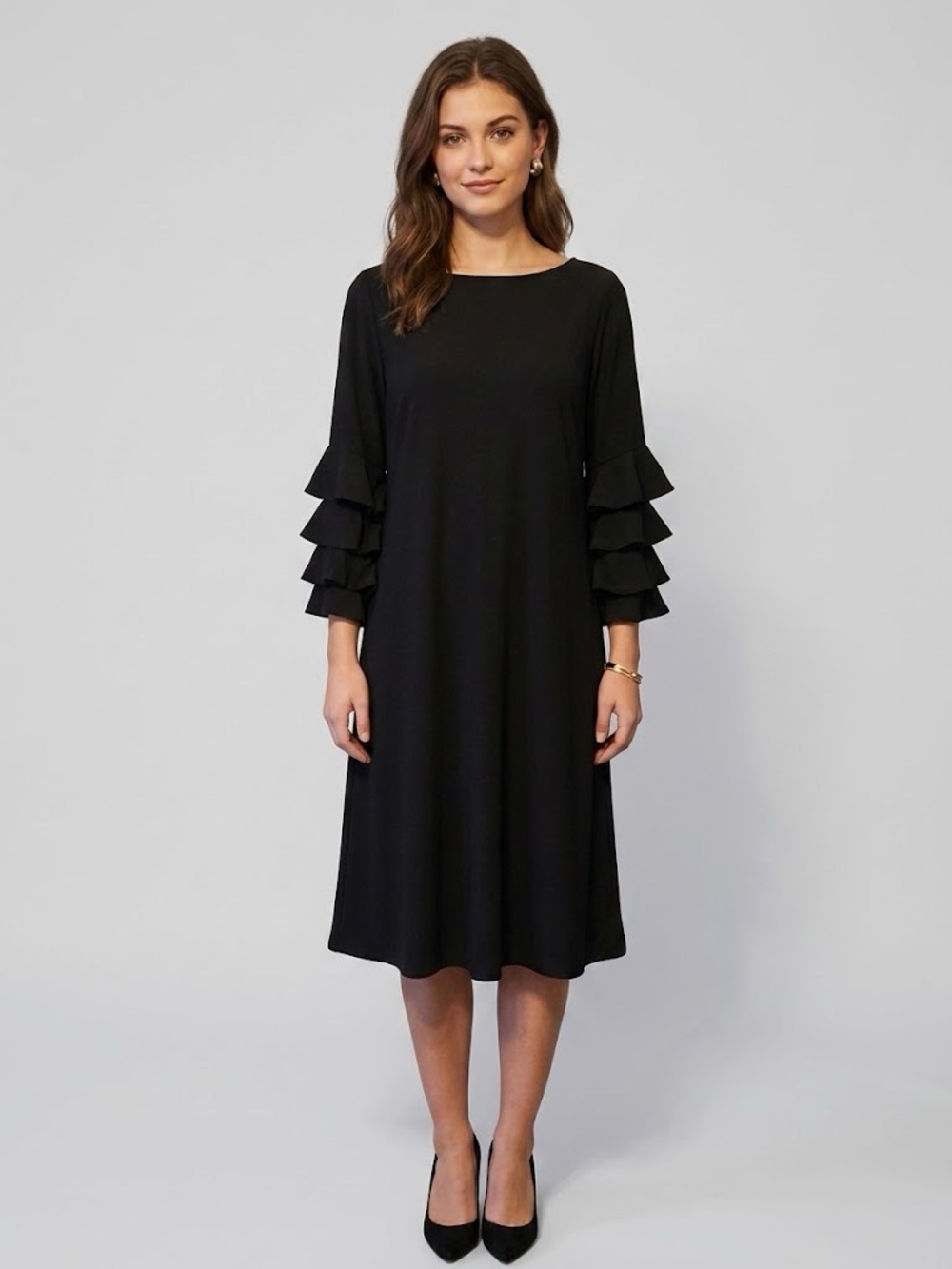 Black Midi Dress with Tiered Ruffle Sleeves